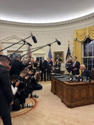 President Trump answers questions in the Oval Office.